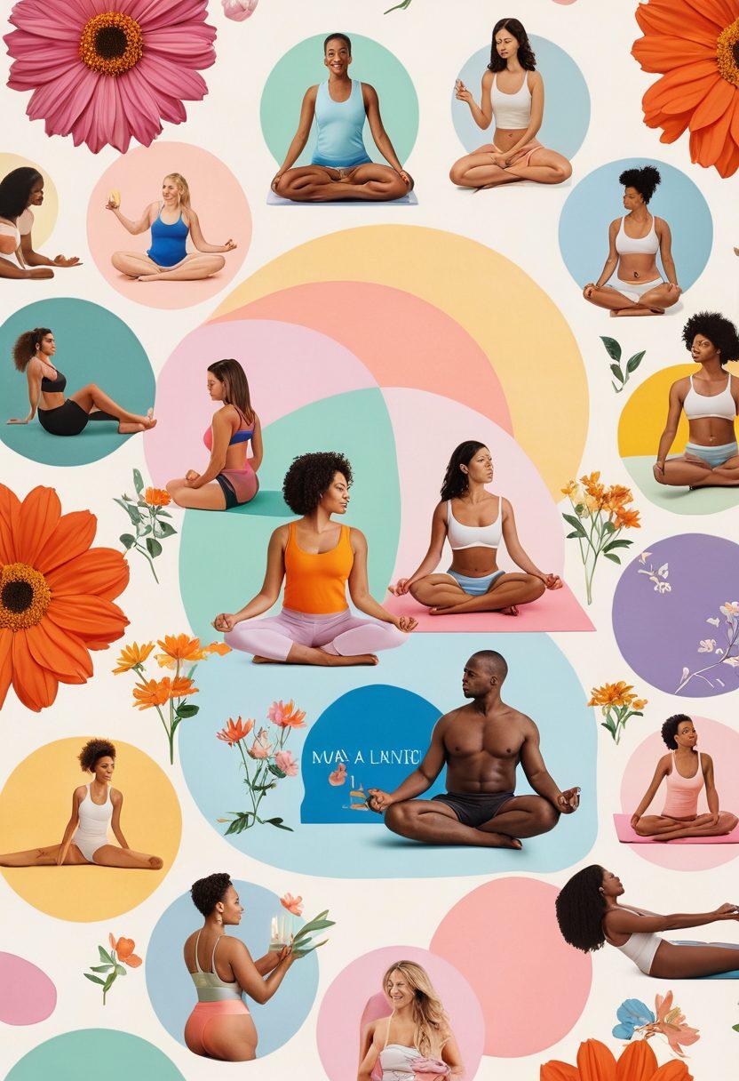 A vibrant collage showcasing diverse adults engaged in healthy conversations about sexuality, with symbols of wellness like yoga mats, flowers, and calming colors surrounding them. Emphasize inclusivity with various body types and ethnicities, and incorporate elements like books, candles, and digital devices hinting at adult content in a positive light. The overall atmosphere should be uplifting and empowering. super-realistic. vibrant colors. white background.